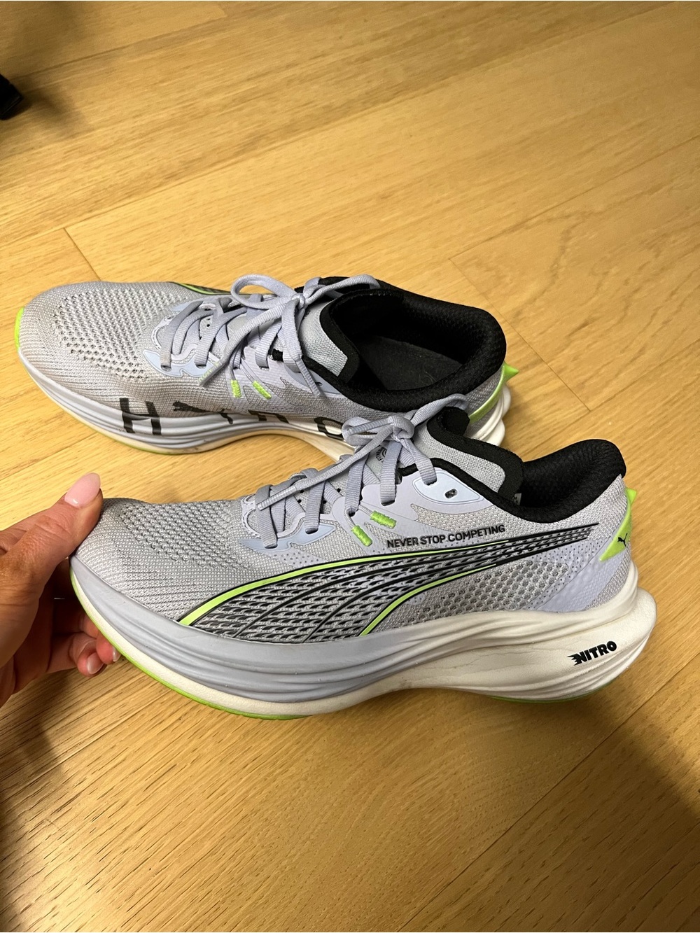 Puma Light Gray Running Shoes with Neon Green Highlights